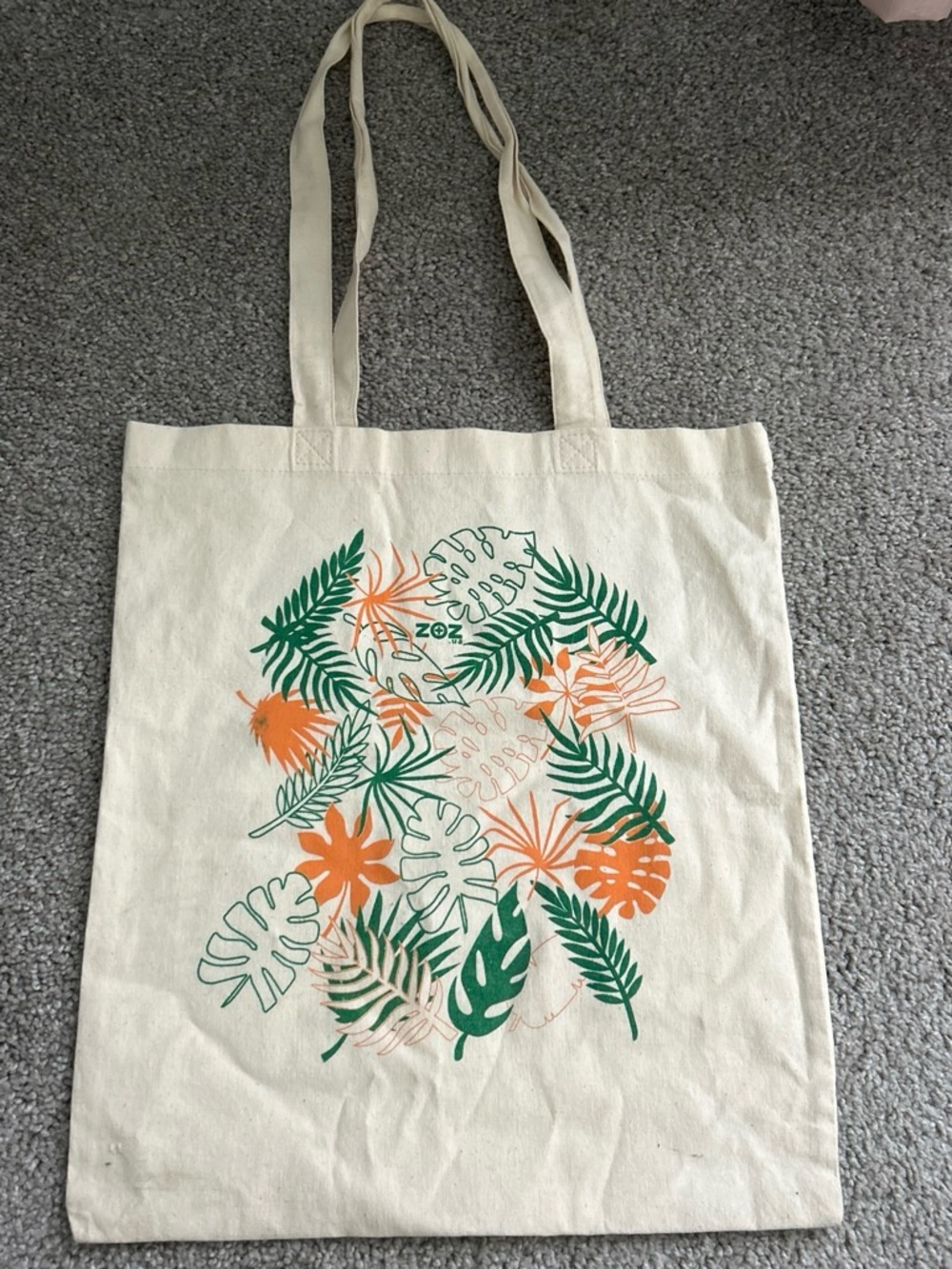 Canvas Tote Bag with Green and Orange Tropical Print
